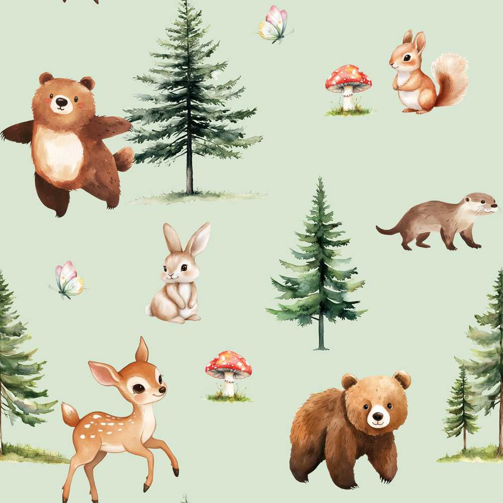 Bear Bunny Squirrel Trees Mushrooms Butterfly Soft Sage