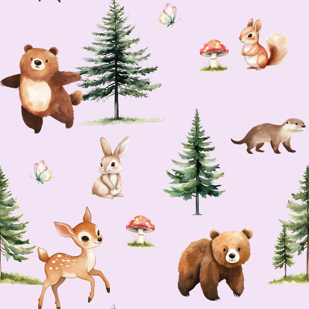 Bear Bunny Deer Squirrel Trees Mushrooms Butterfly Soft Lilac