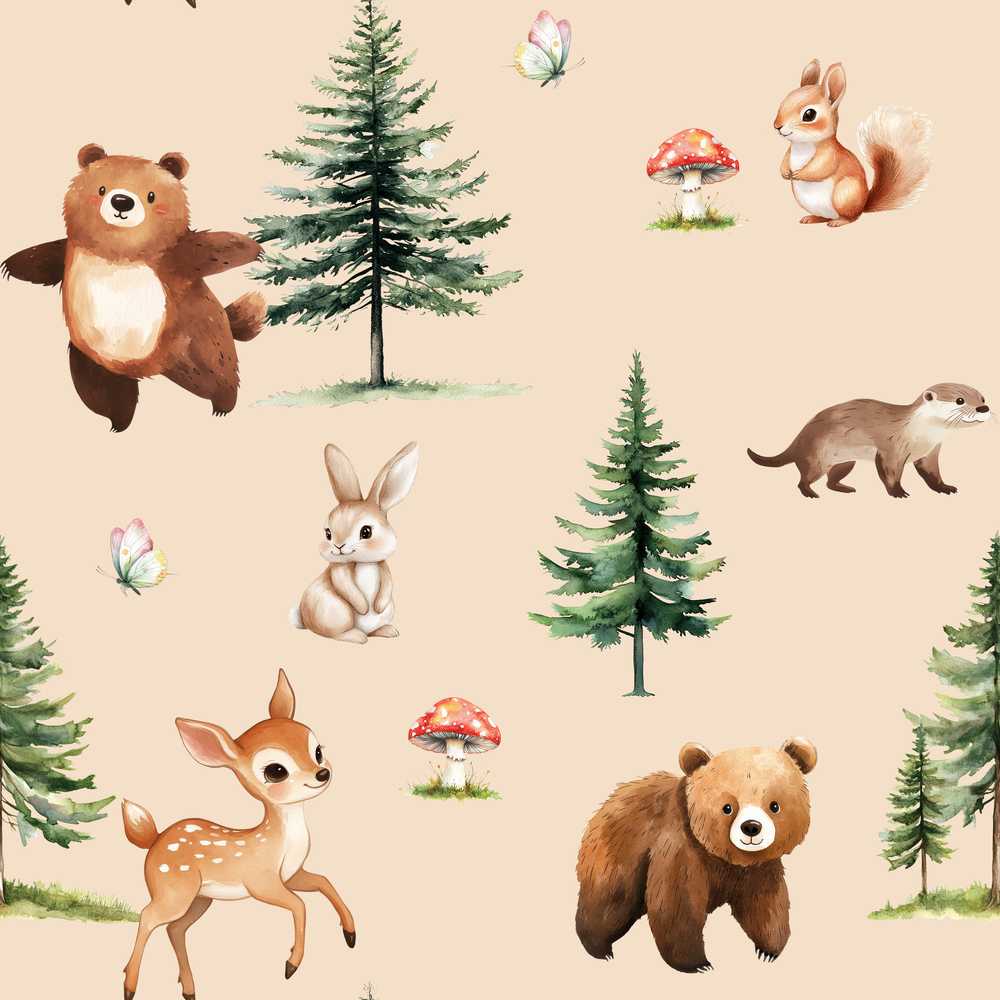 Bear Bunny Deer Squirrel Trees Mushrooms Butterfly Soft Beige