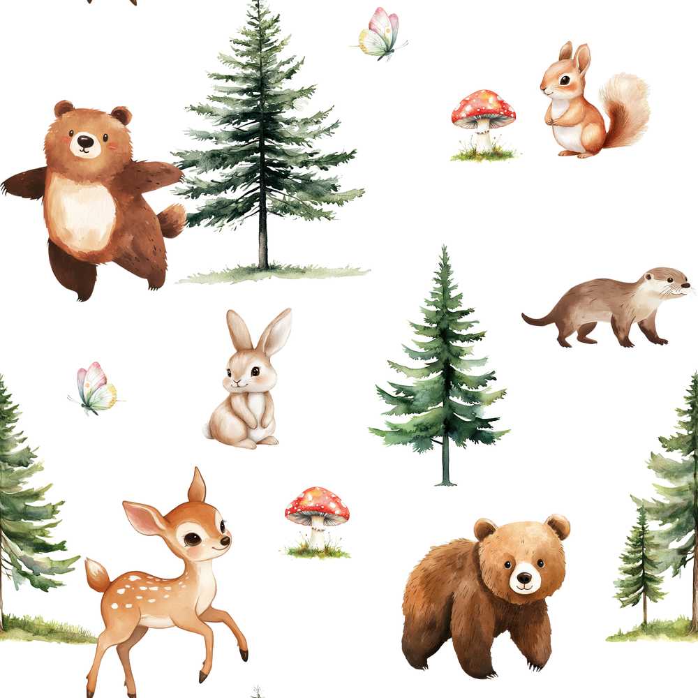 Bear Bunny Deer Squirrel Trees Mushrooms Butterfly Soft Grey