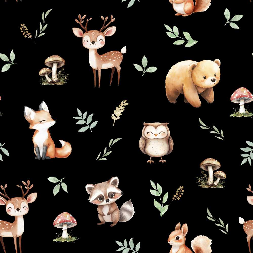 Woodland Deer Bear Fox Owl Raccoon Leaves Mushrooms Black