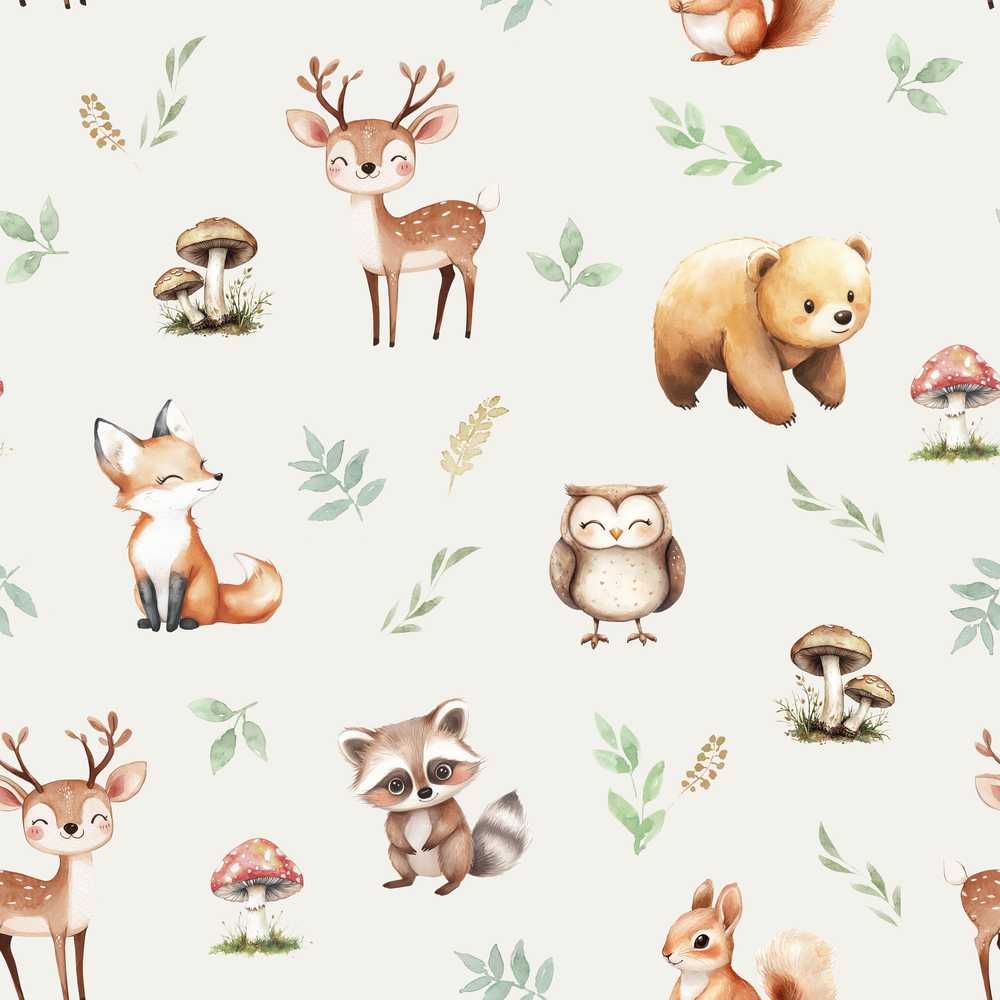 Woodland Deer Bear Fox Owl Raccoon Leaves Mushrooms Light Grey