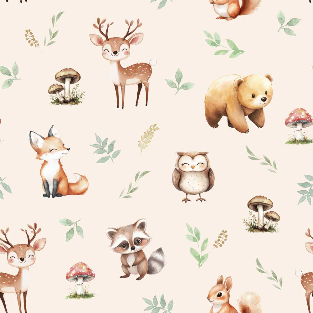 Woodland Deer Bear Fox Owl Raccoon Leaves Mushrooms Neutral
