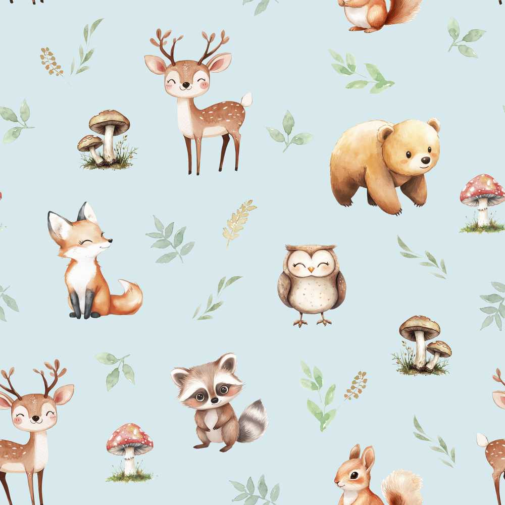 Woodland Deer Bear Fox Owl Raccoon Leaves Mushrooms Blue
