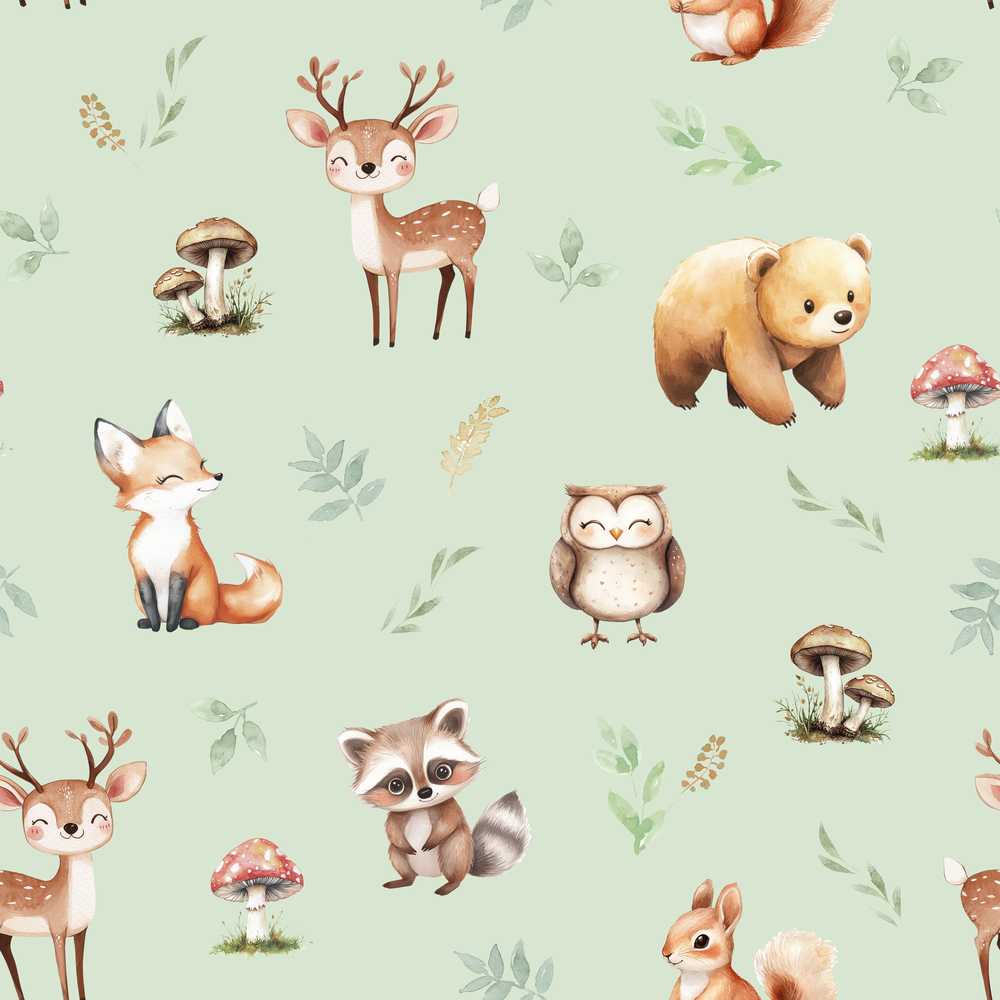 Woodland Deer Bear Fox Owl Raccoon Leaves Mushrooms Sage Green