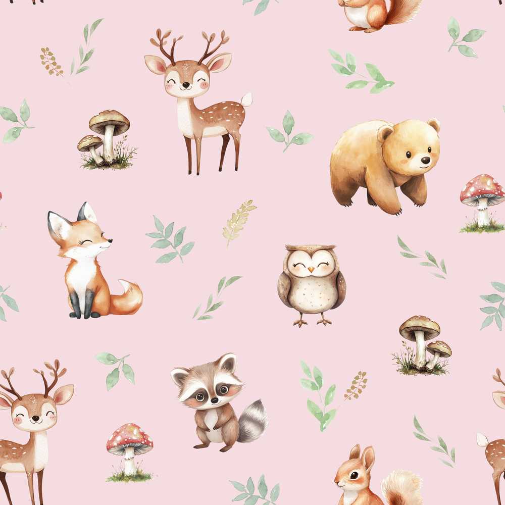 Woodland Deer Bear Fox Owl Raccoon Leaves Mushrooms Soft Pink
