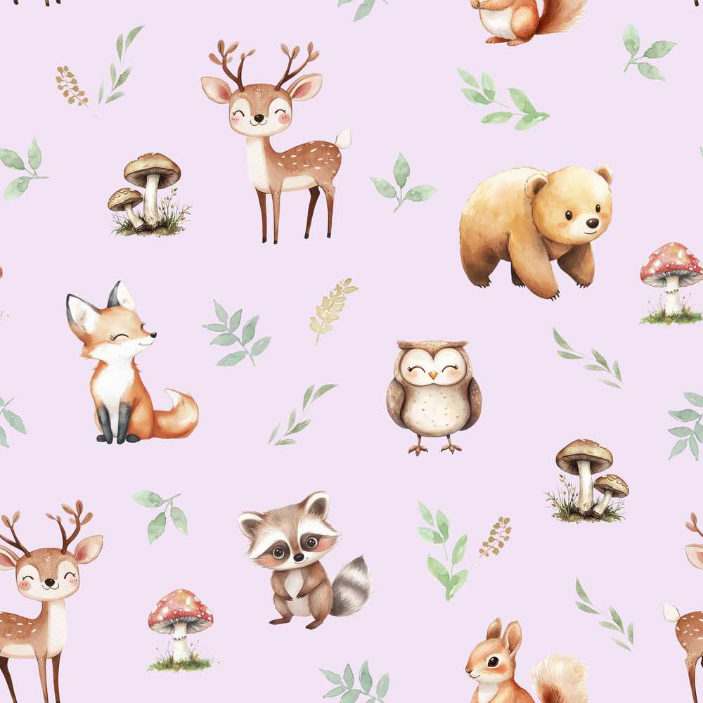 Woodland Deer Bear Fox Owl Raccoon Leaves Mushrooms Lilac