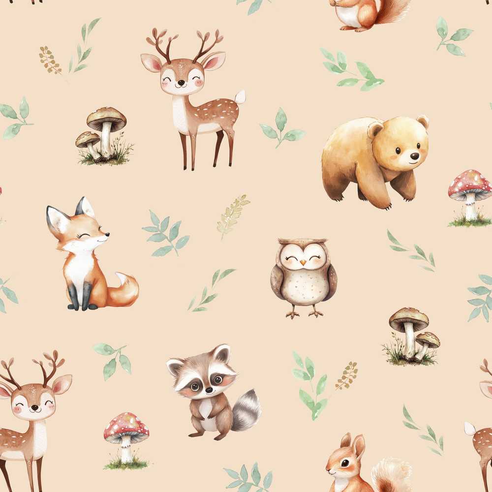 Woodland Deer Bear Fox Owl Raccoon Leaves Mushrooms Beige