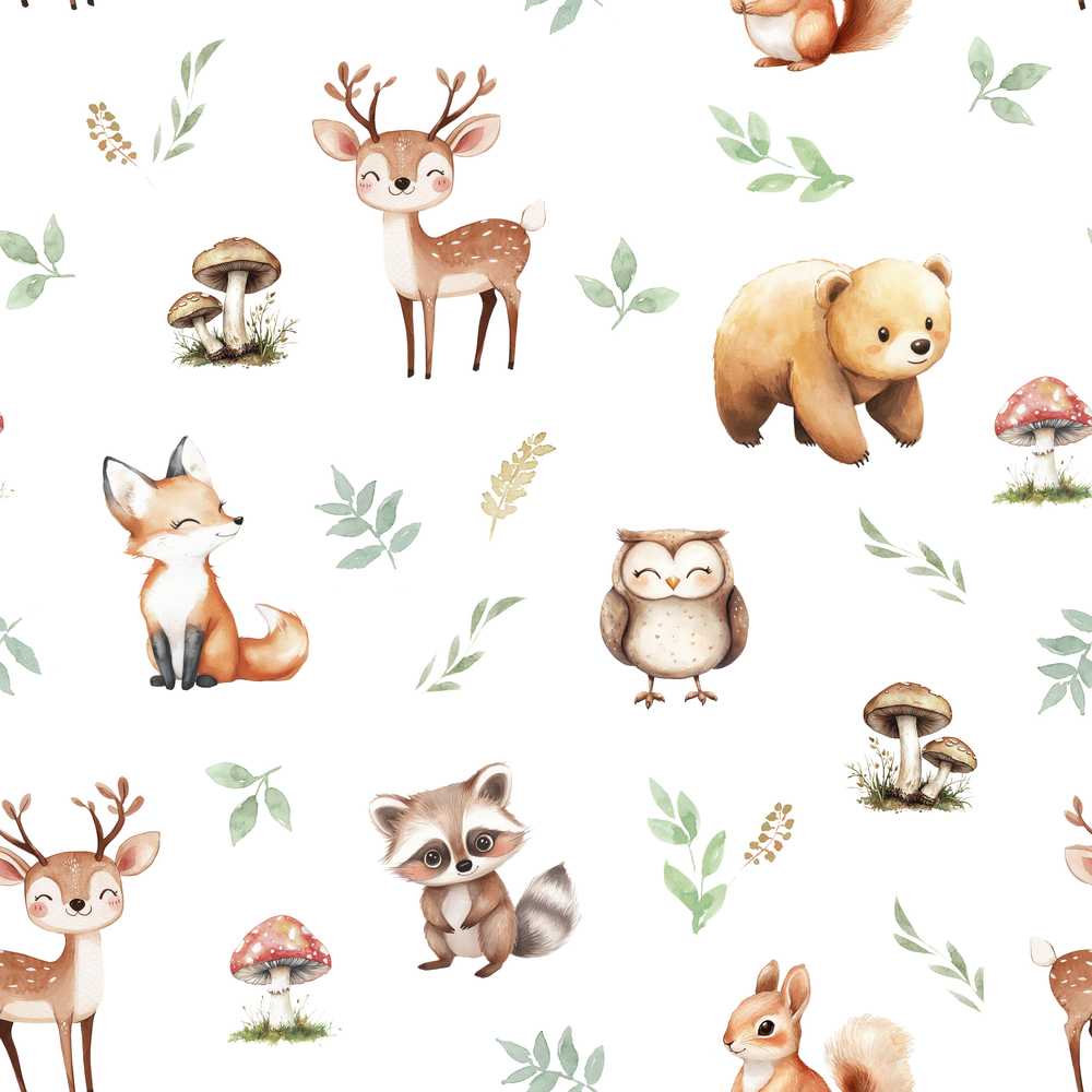 Woodland Deer Bear Fox Owl Raccoon Leaves Mushrooms Light Grey