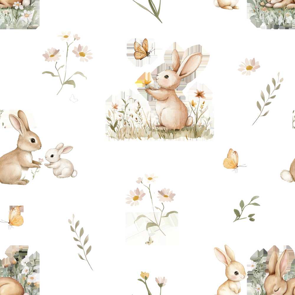 Bunny Rabbits Flowers Butterflies Meadow Soft White Wildflower Pattern
