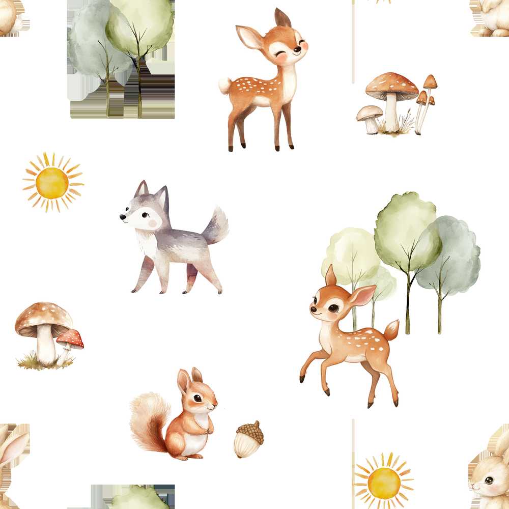Woodland Deer Fox Trees Mushrooms Sun Animals White