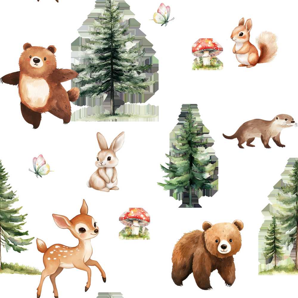 Woodland Animals Bear Deer Bunny Trees Mushrooms Butterfly