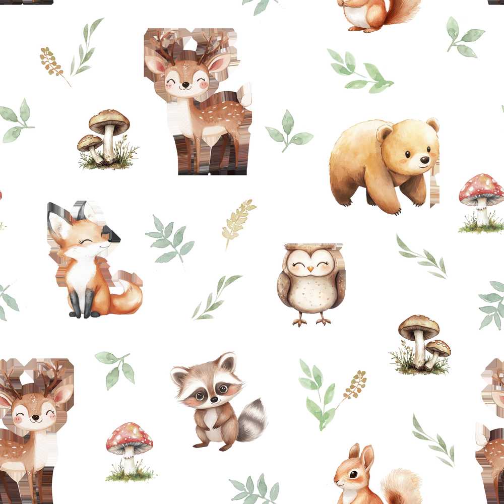 Cute Woodland Deer Bear Fox Owl Raccoon Leaves Mushrooms