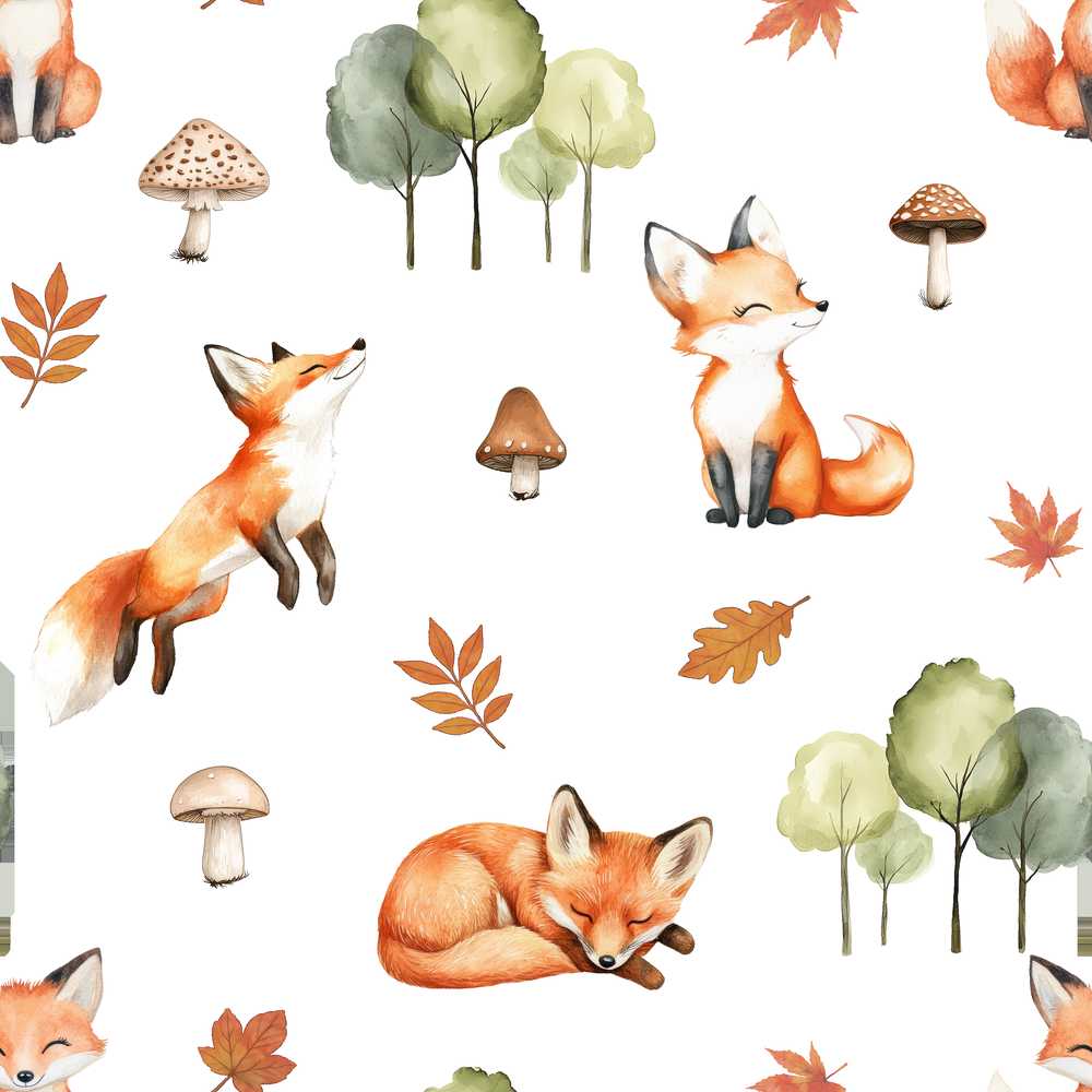 Cute Forest Fox Autumn Leaves Trees Mushrooms Woodland Animals