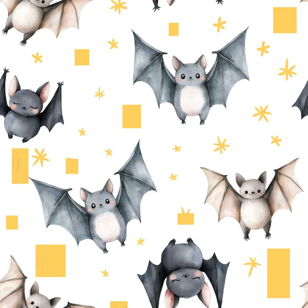 Cute Halloween Bats Flying Yellow Stars Night Sky