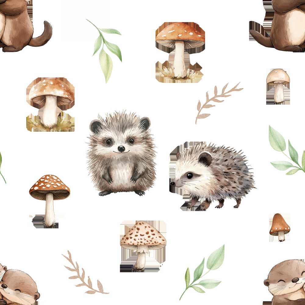Cute Hedgehog Woodland Mushrooms Leaves Forest Wildflower Pattern Botanical
