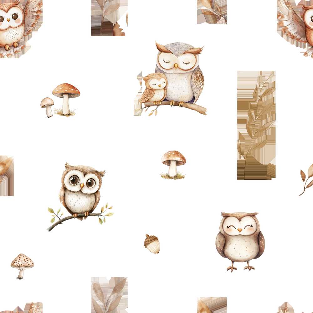 Cute Owls Sitting on Branch Woodland Leaves Mushrooms Wildflower