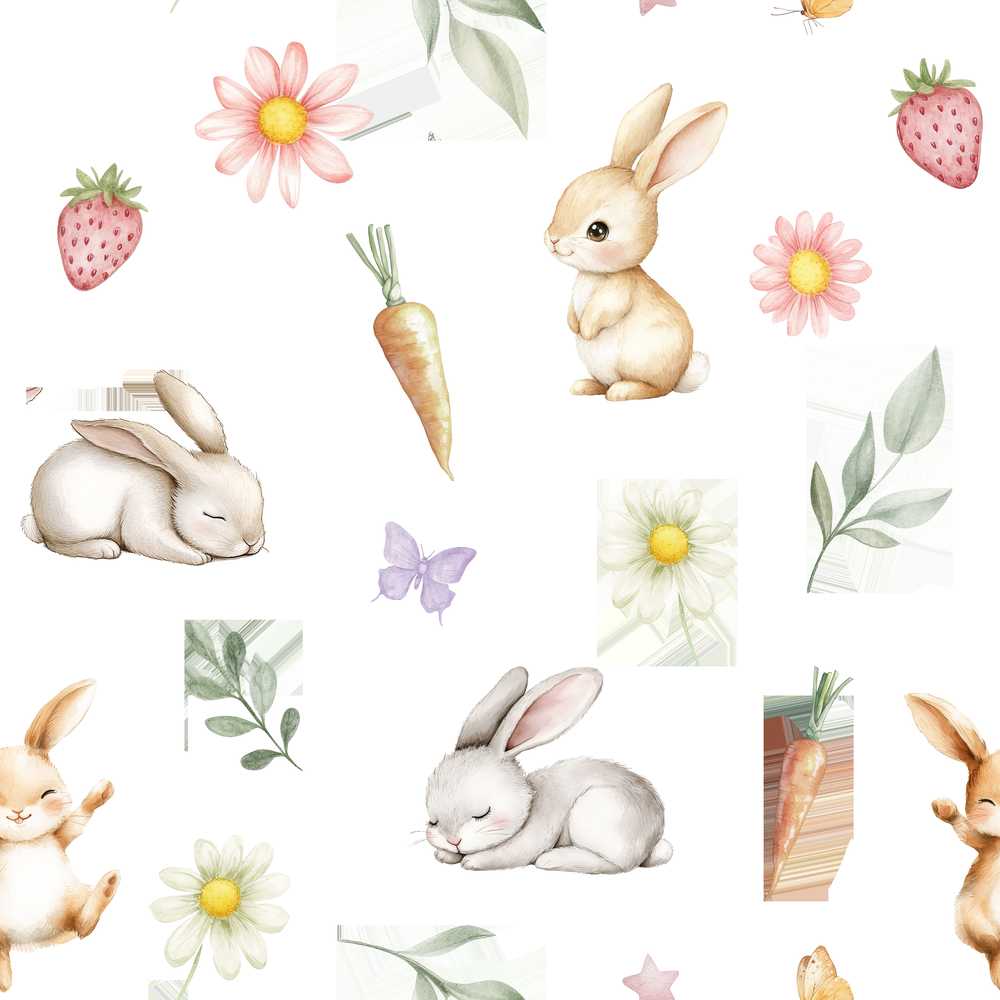 Cute Bunny Rabbits Carrots Flowers Spring Garden Wildflower Pattern