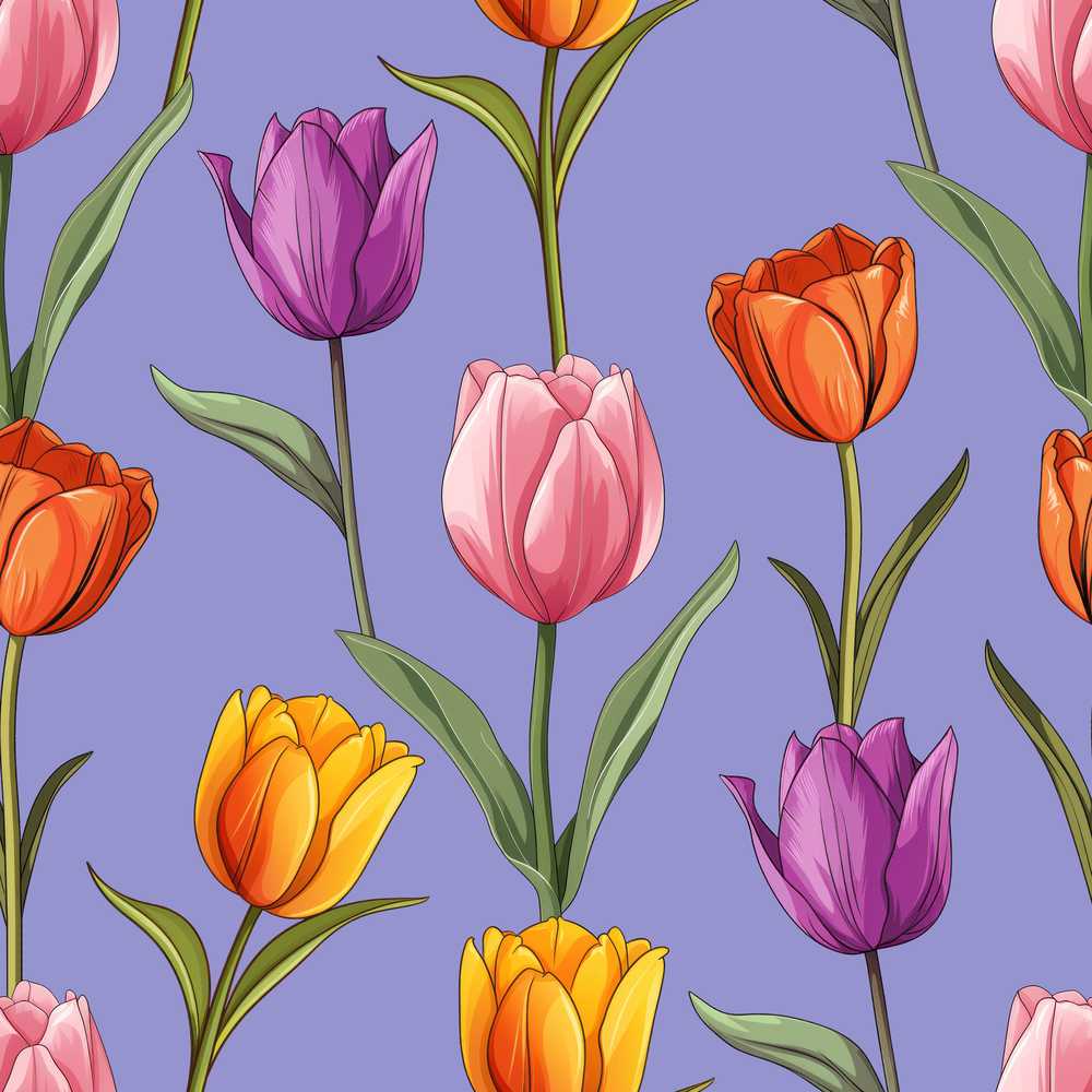 Colorful Tulip Flowers Purple Background Spring Floral Wildflower Pattern