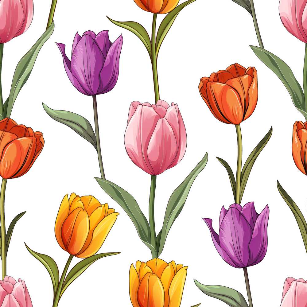 Colorful Tulip Flowers White Background Spring Floral Wildflower Pattern