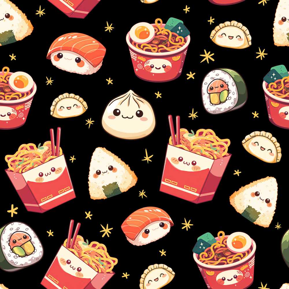 Cute Kawaii Sushi Ramen Dumpling Food Black Background