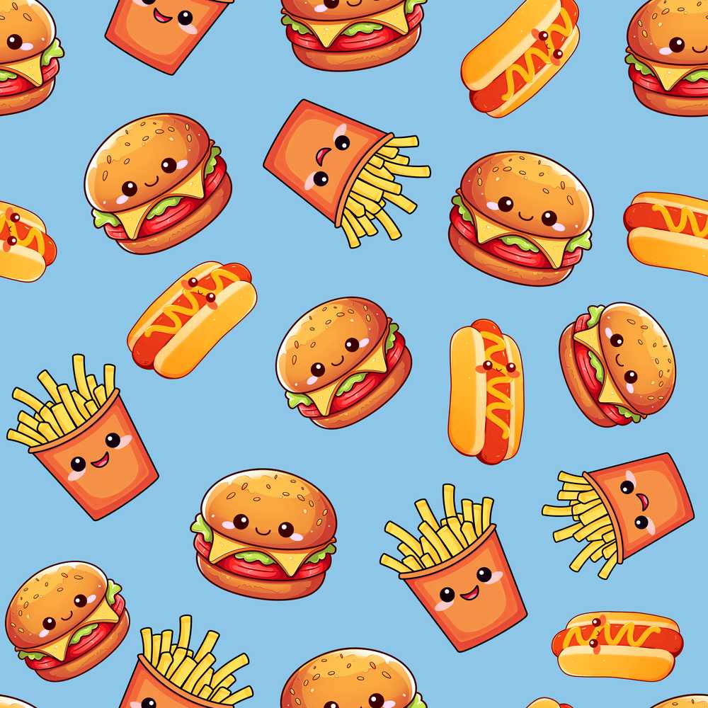 Cute Kawaii Burger Fries Hotdog Fast Food Blue Background