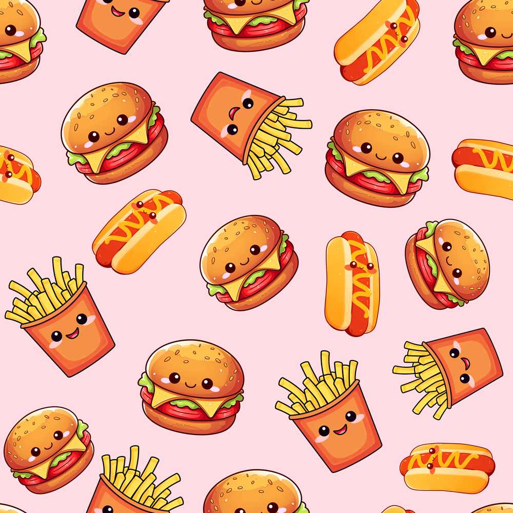 Cute Kawaii Burger Fries Hotdog Fast Food Soft Pink Background