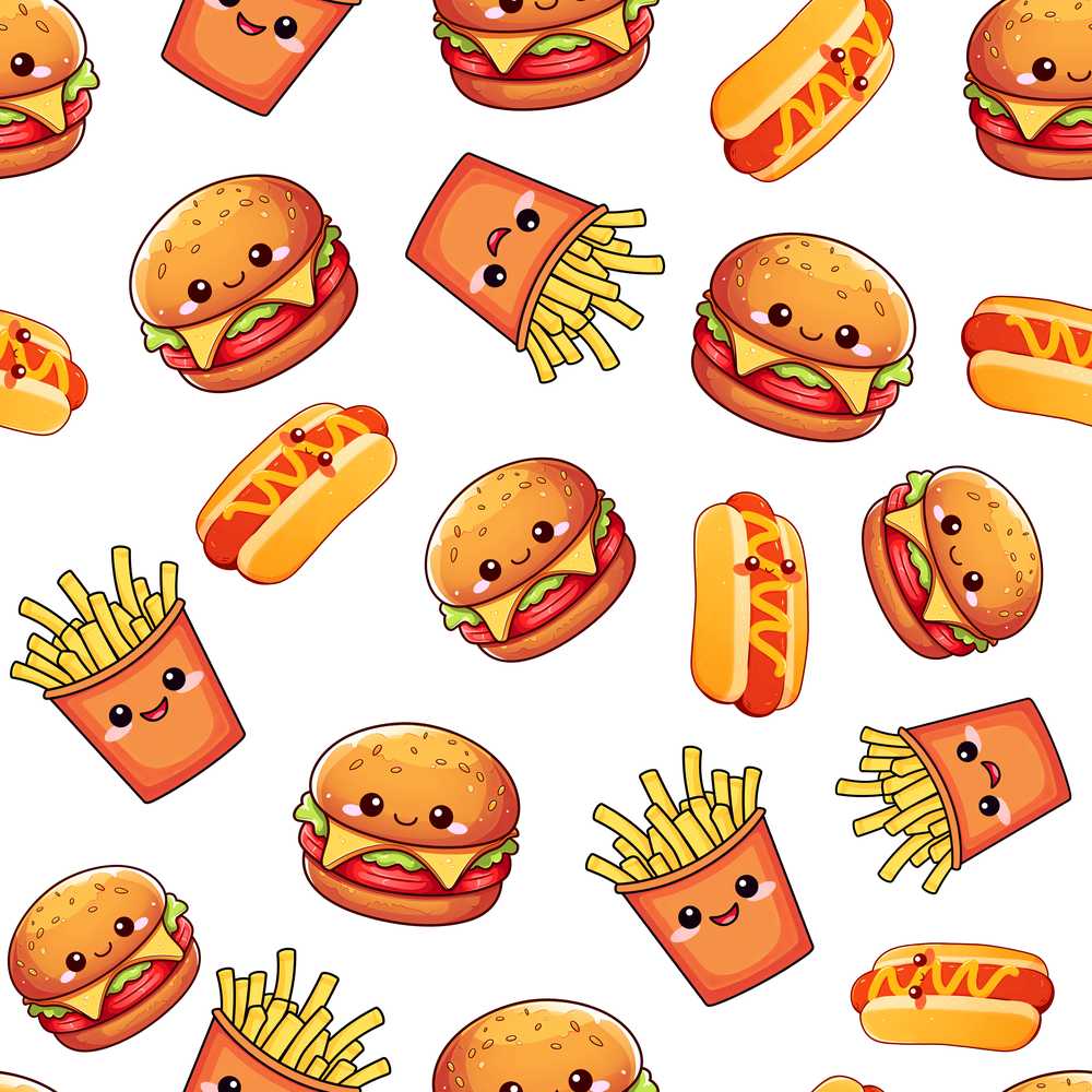 Cute Kawaii Burger Fries Hotdog Fast Food White Background
