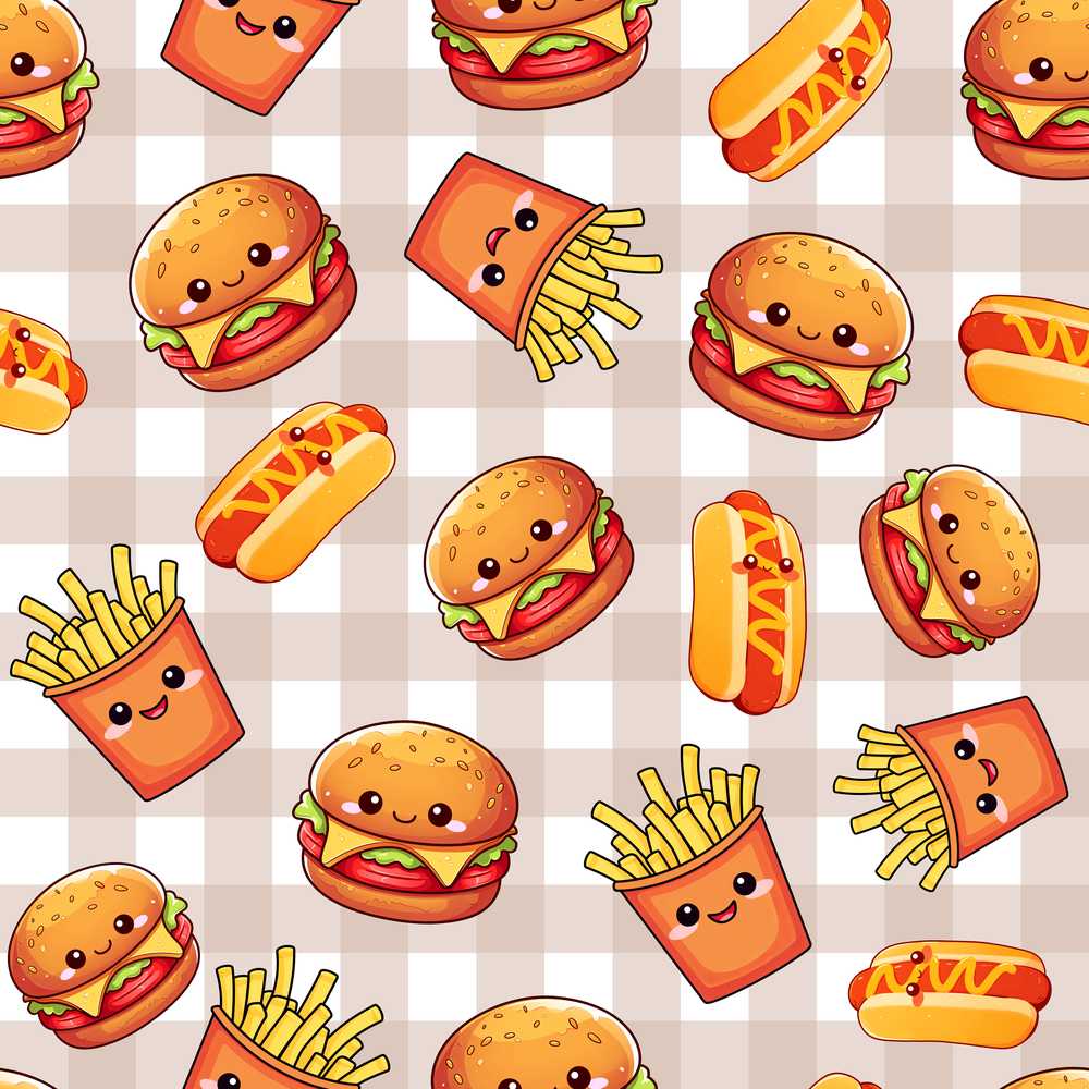 Kawaii Burger Fries Hotdog Fast Food Beige Gingham
