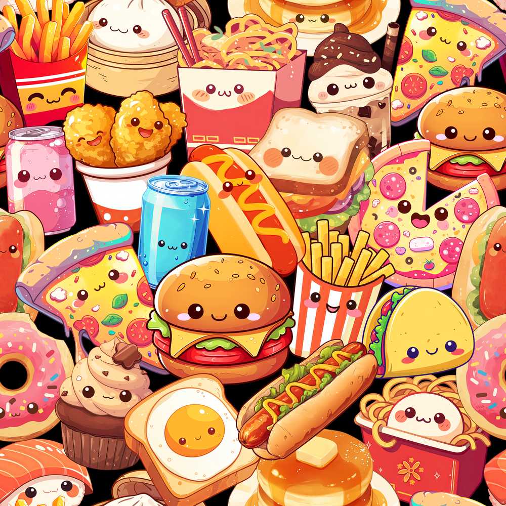 Cute Kawaii Fast Food Collage Burger Pizza Fries Drinks