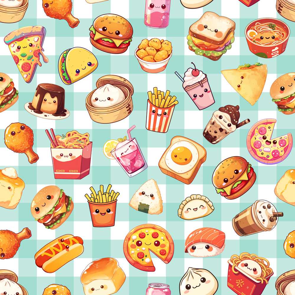 Kawaii Fast Food Burger Sushi Taco Pizza Mint Gingham