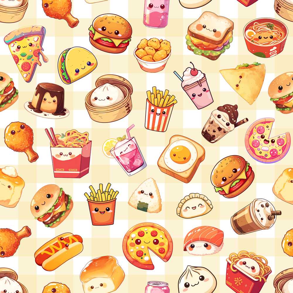 Kawaii Fast Food Burger Sushi Taco Pizza Yellow Gingham