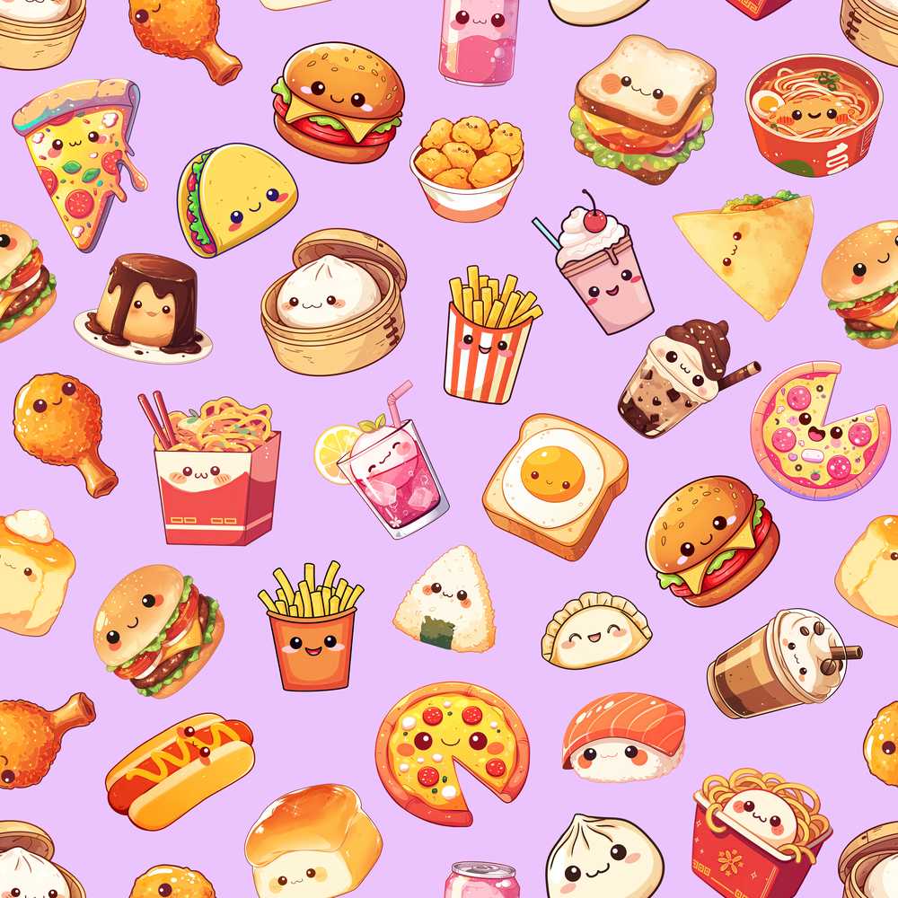 Kawaii Fast Food Burger Sushi Taco Pizza Purple