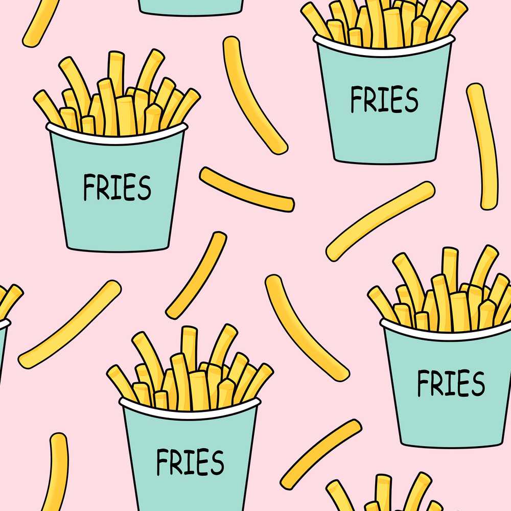 Cute French Fries Cartoon Snack Teal Cups Pink Background