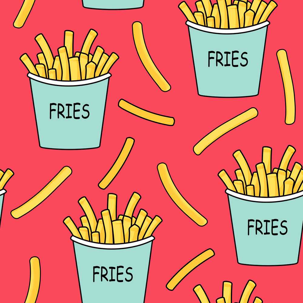 Cute French Fries Cartoon Snack Teal Cups Red Background