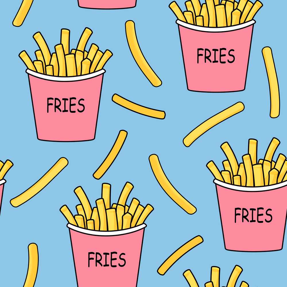 Cute French Fries Cartoon Snack Pink Cups Blue Background