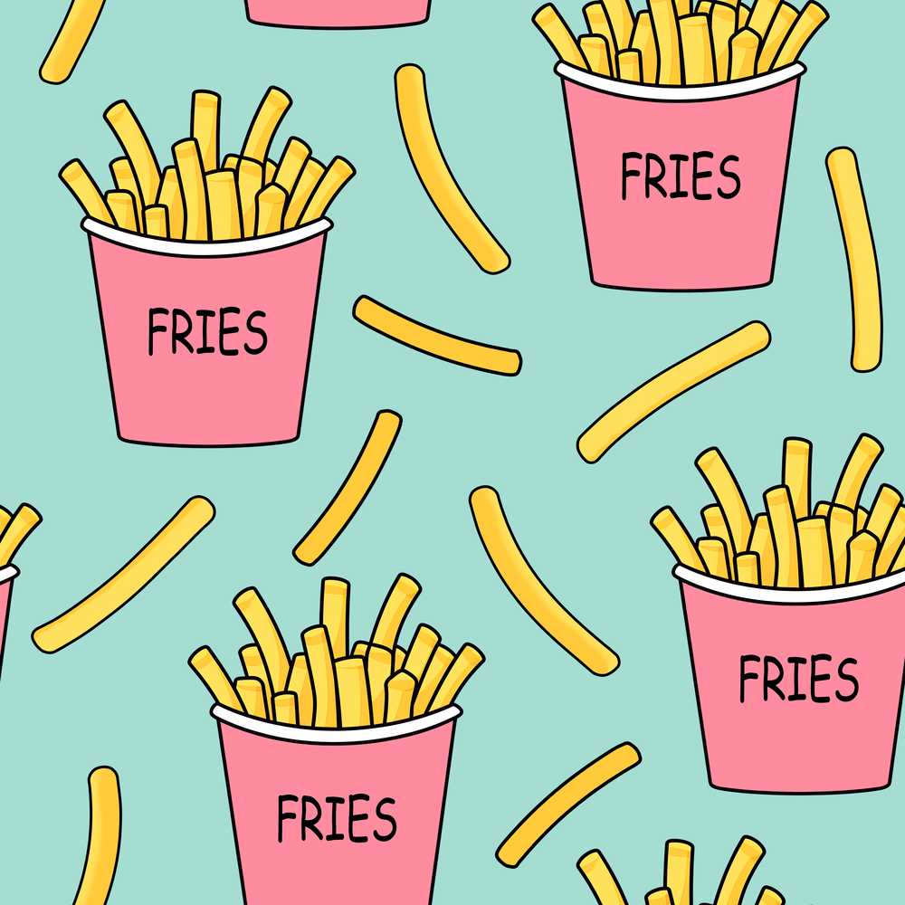 Cute French Fries Cartoon Snack Pink Cups Mint Background