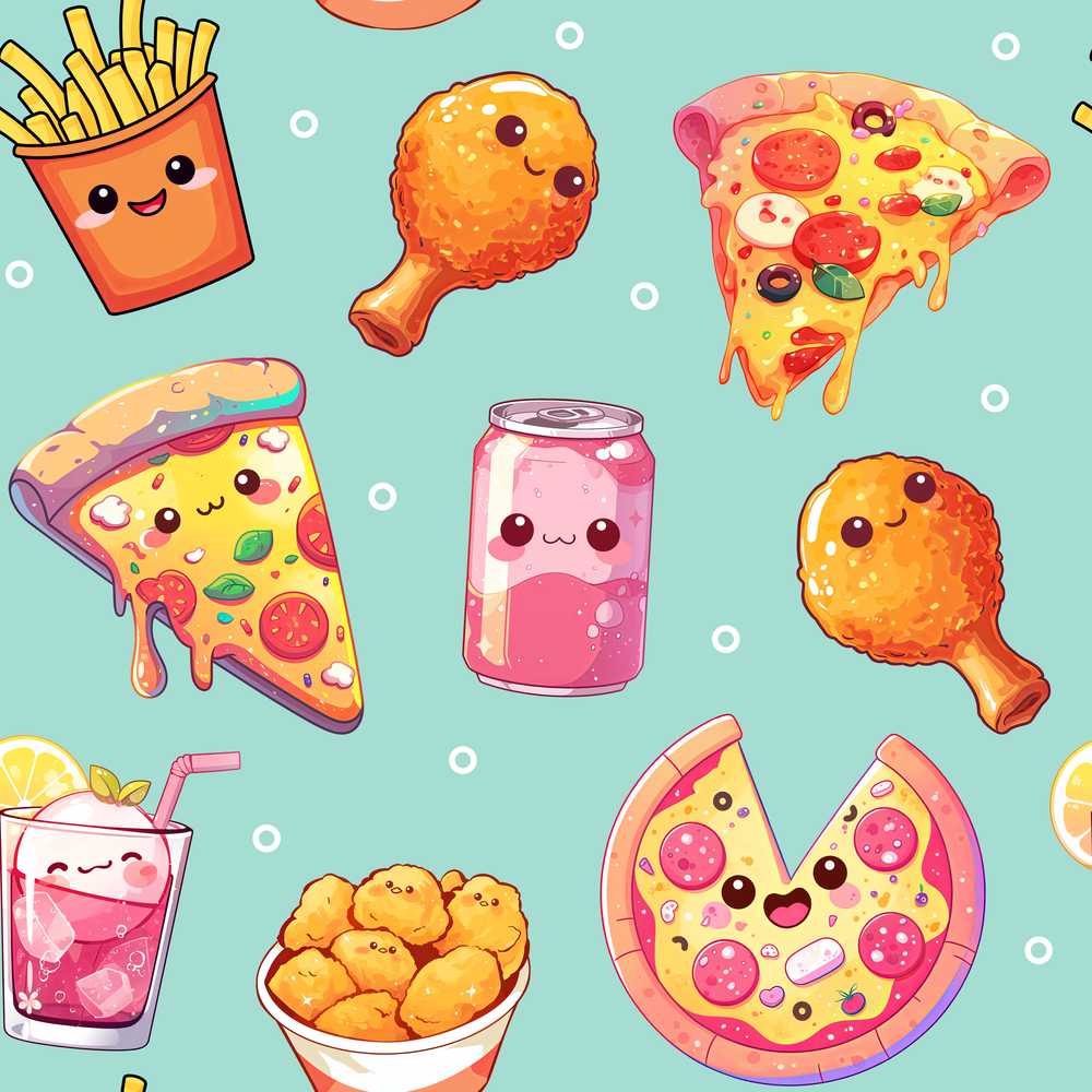 Cute Kawaii Fast Food Pizza Chicken Soda Mint Background