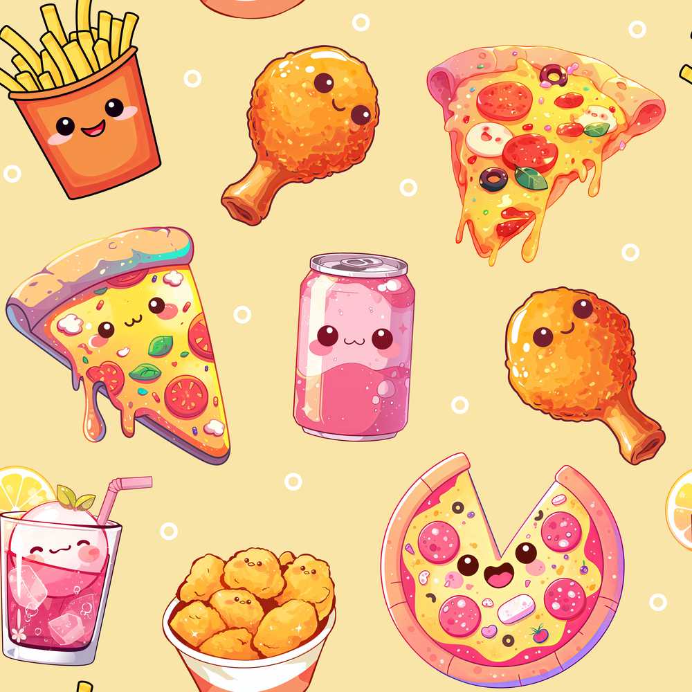 Cute Kawaii Fast Food Pizza Chicken Soda Yellow Background