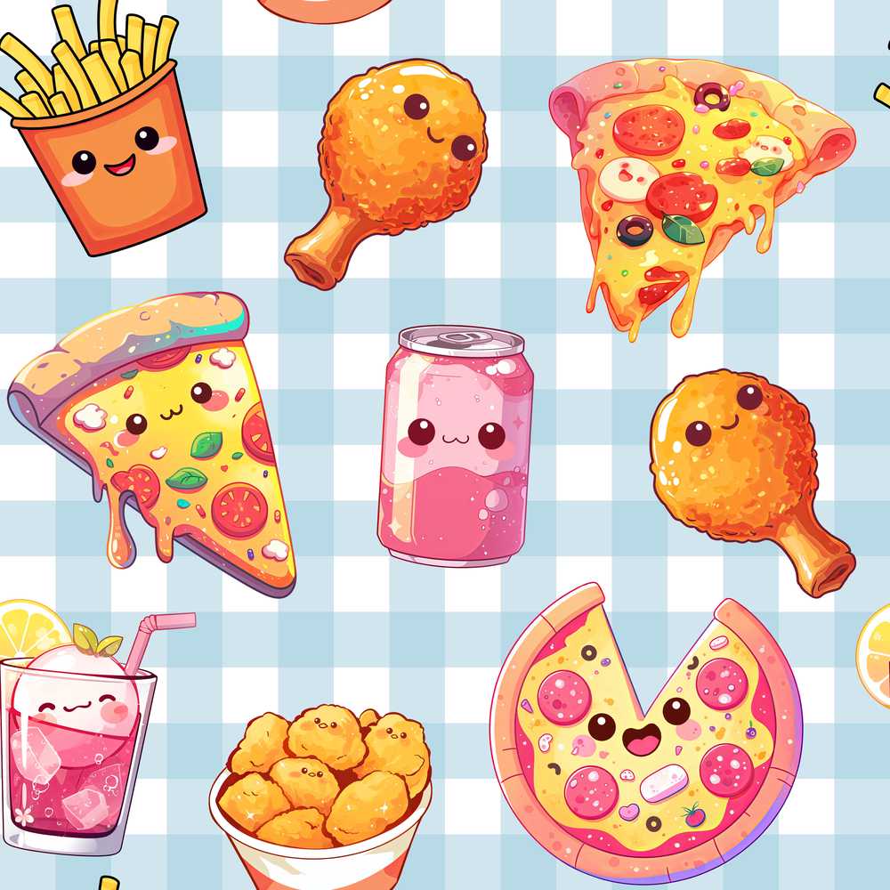 Cute Kawaii Fast Food Pizza Chicken Soda Gingham Background