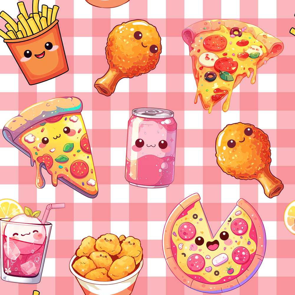 Cute Kawaii Fast Food Pizza Chicken Soda Red Gingham Background