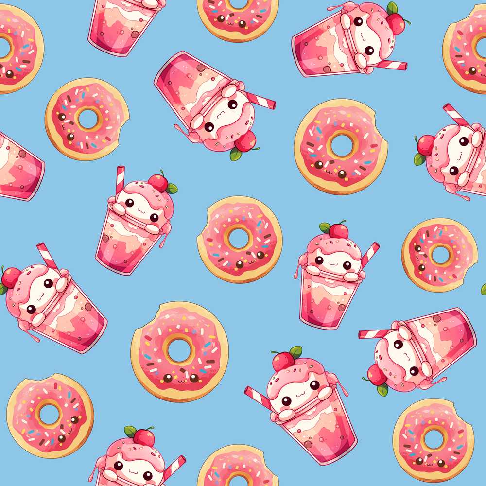 Cute Kawaii Donuts and Strawberry Milkshake Blue Background