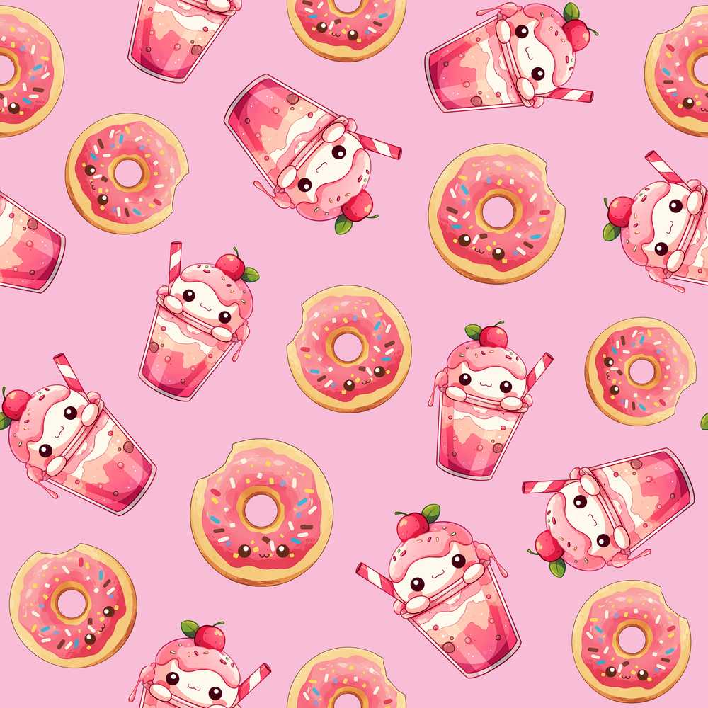 Cute Kawaii Donuts and Strawberry Milkshake Pink Background