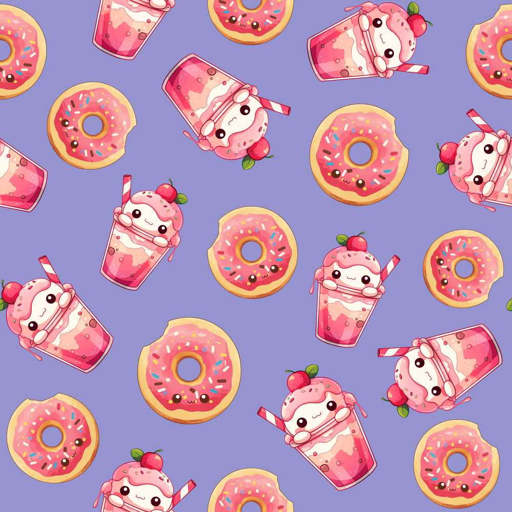 Cute Kawaii Donuts and Strawberry Milkshake Blue Background
