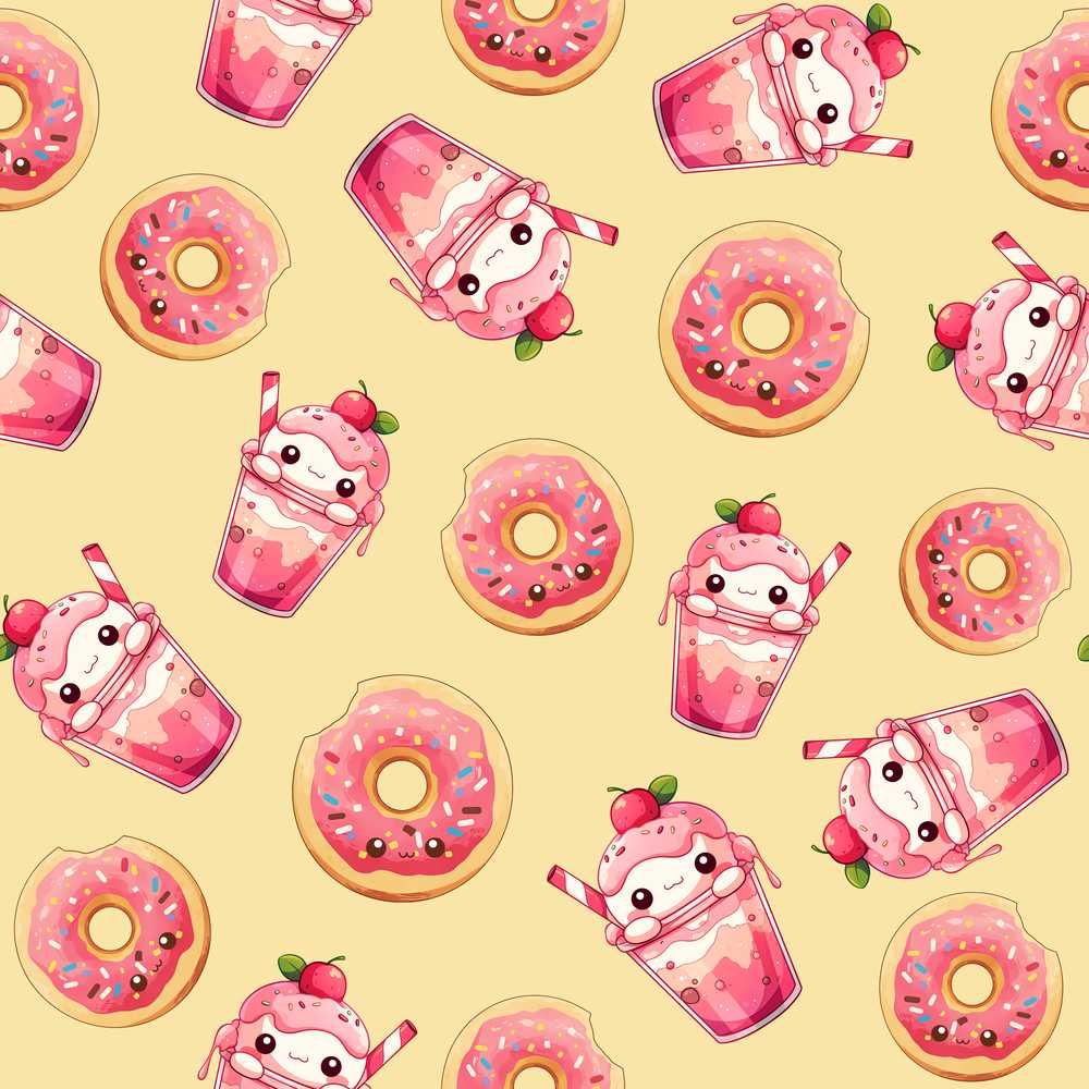 Cute Kawaii Donuts and Strawberry Milkshake Yellow Background