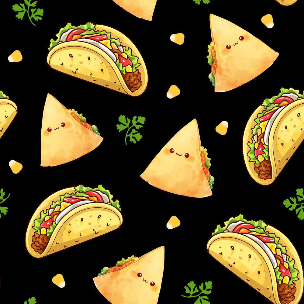 Cute Kawaii Tacos and Wraps Black Background Decorative