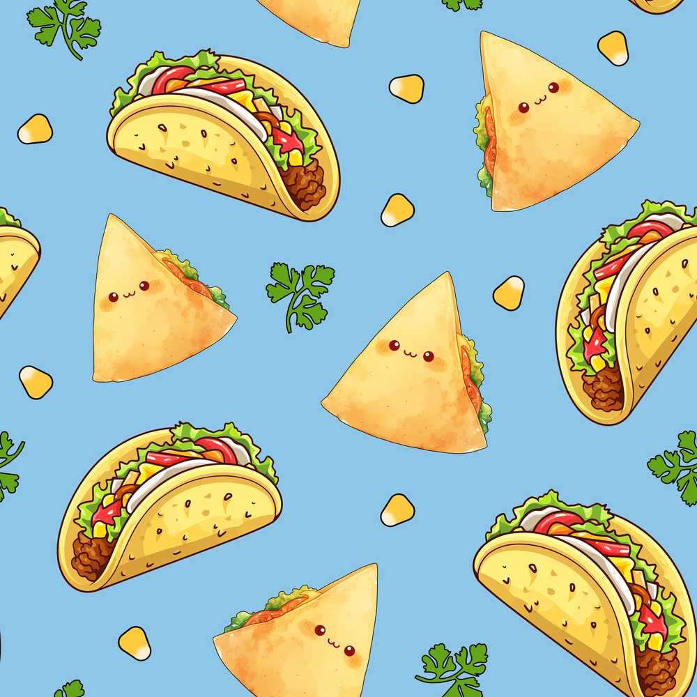 Cute Kawaii Tacos and Wraps Blue Background Decorative