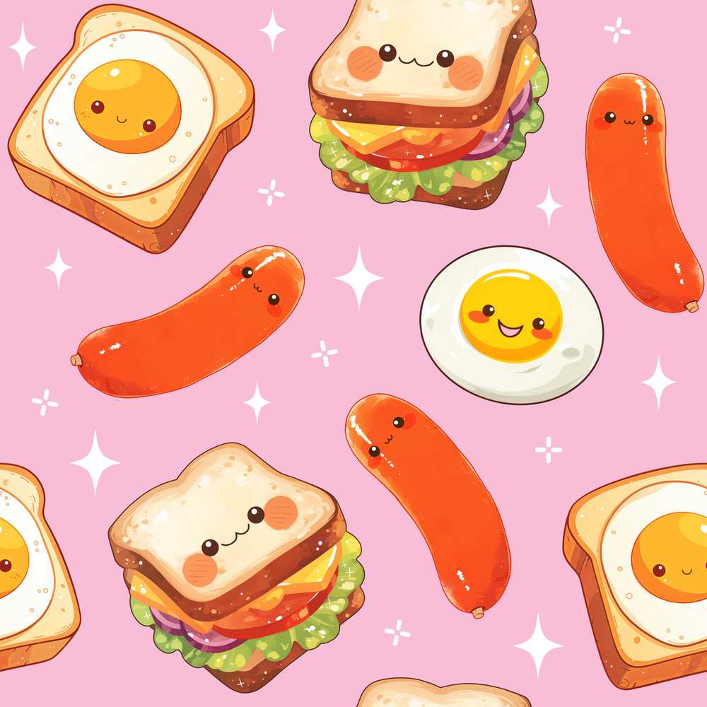 Kawaii Breakfast Eggs Sausage and Sandwich Bright Pink