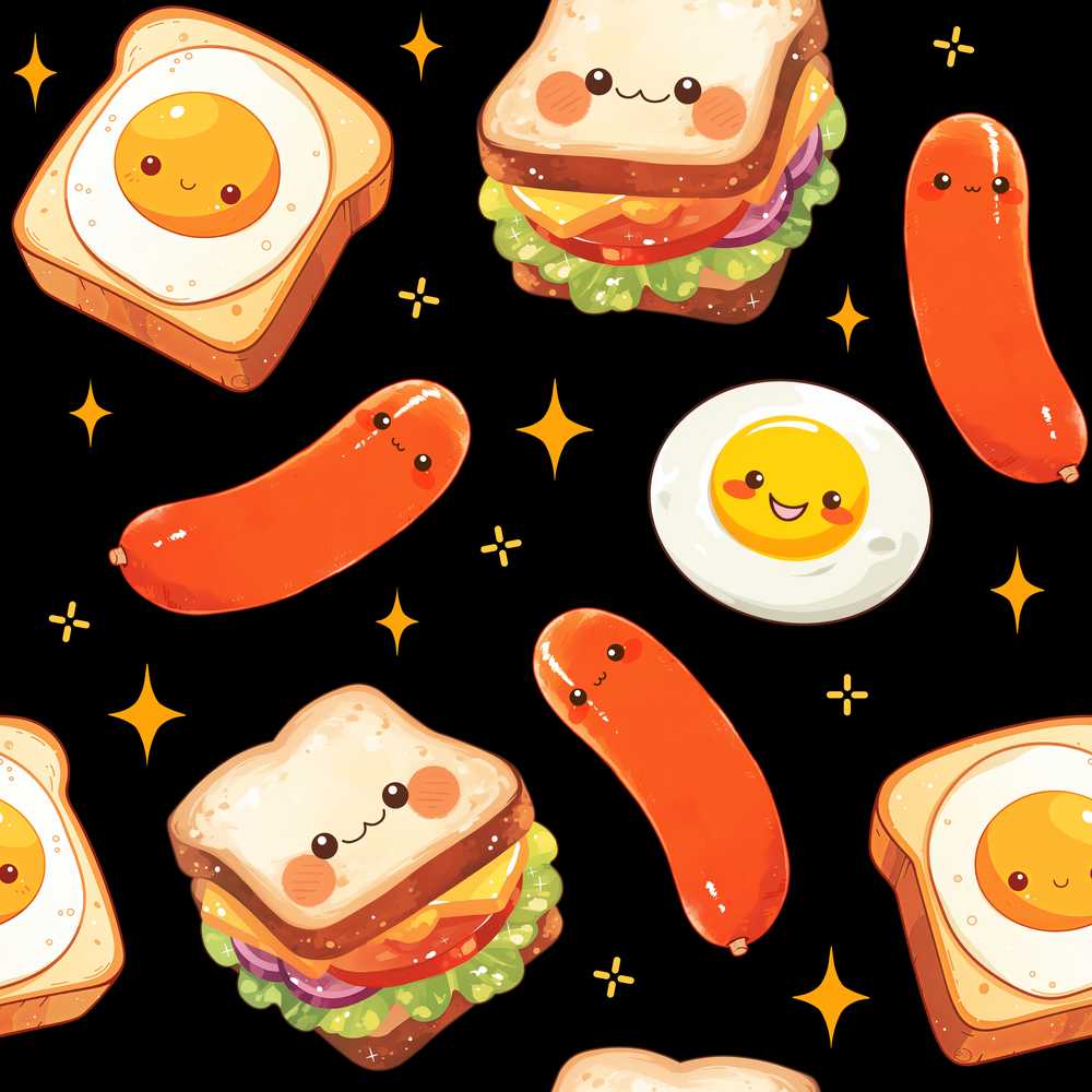 Kawaii Breakfast Eggs Sausage and Sandwich Black Decorative