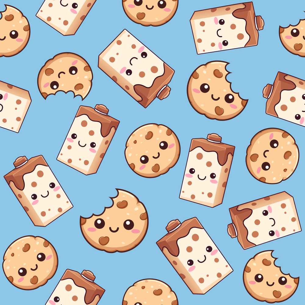 Cute Kawaii Cookies and Chocolate Milk Carton Blue Background